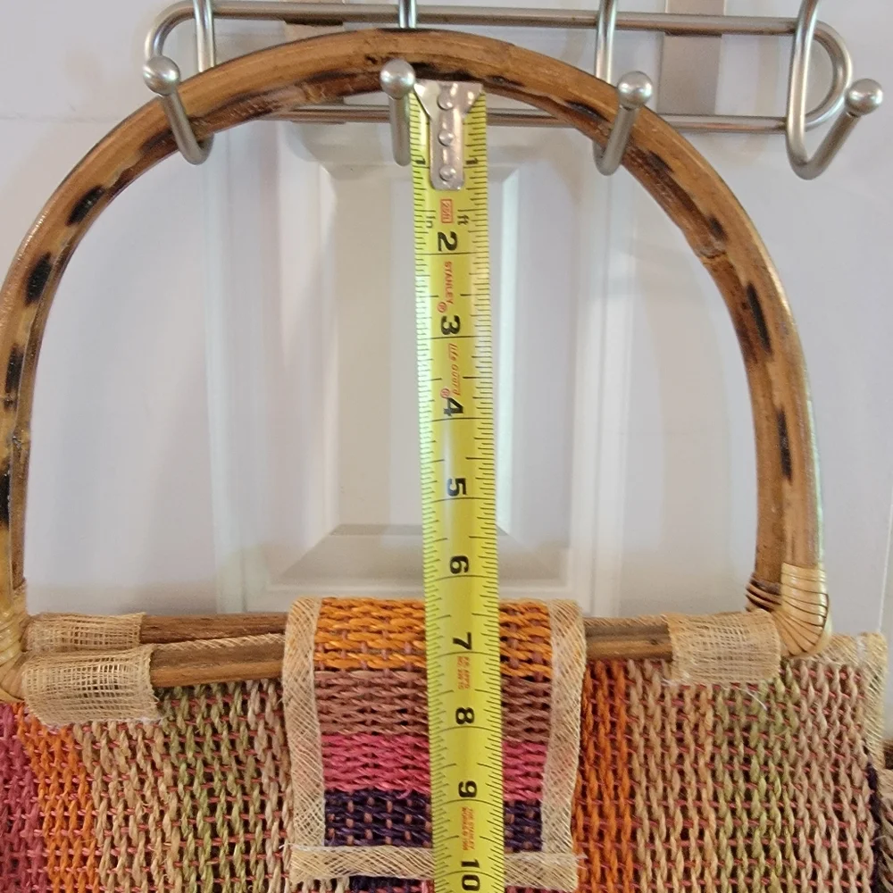 Vintage Bamboo Handle Woven Raffia Multi-color‎ Stripe Bag